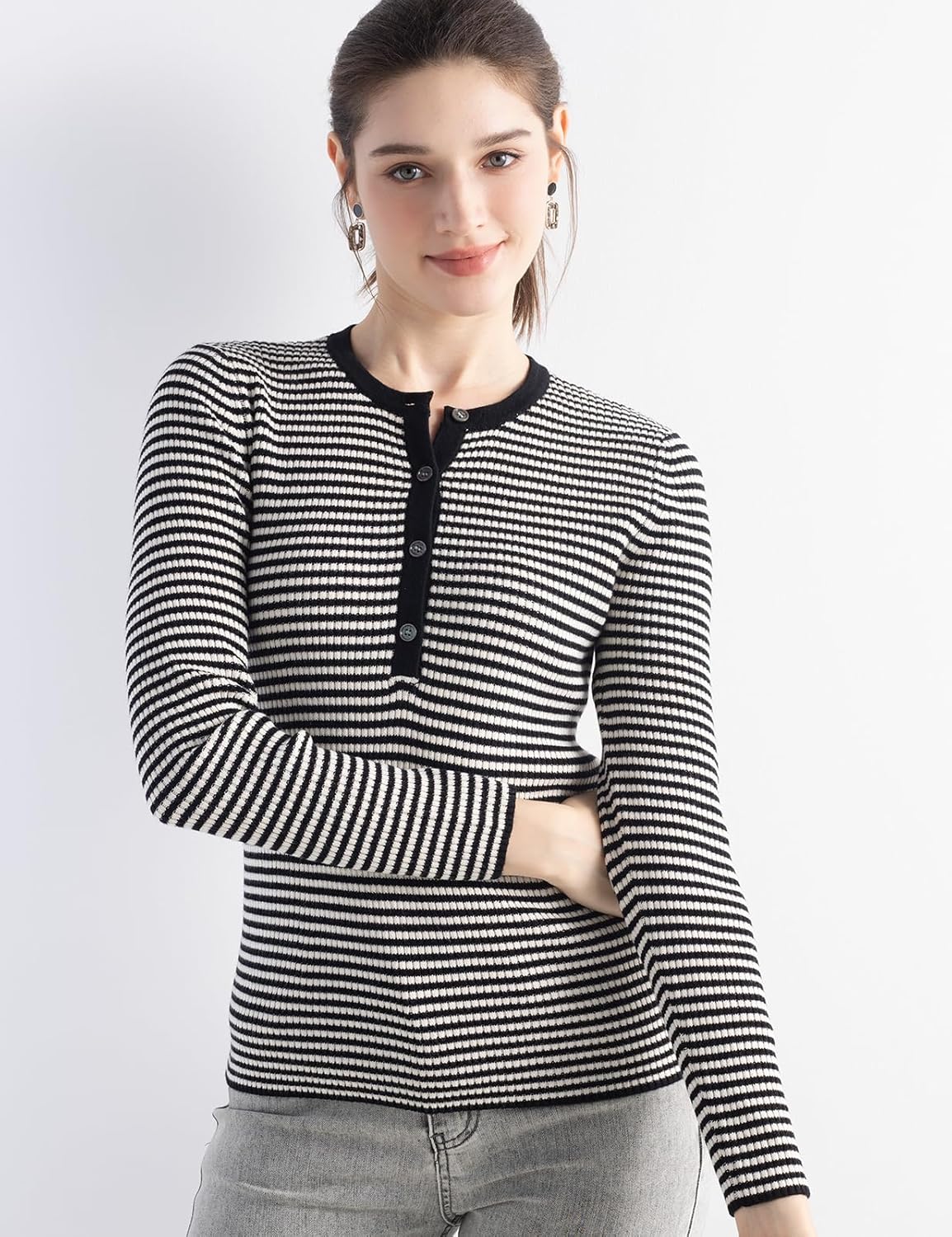 Women's Merino Wool Blend Sweater 2025 Fall Winter Crew Neck Striped Slim Fit Long Sleeve Knit Pullover with Button