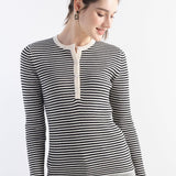 Women's Merino Wool Blend Sweater 2025 Fall Winter Crew Neck Striped Slim Fit Long Sleeve Knit Pullover with Button