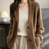 Women's Merino Wool Sweater V-Neck Ribbed 2025 Fall Winter Lapel Button Down Long Sleeve Knit Cardigan with Pocket