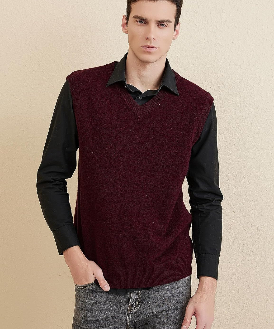 Men's 100% Merino Wool Sweater Vest 2025 Fall Winter Casual Solid V Neck Soft Sleeveless Knitted Sweater Vest