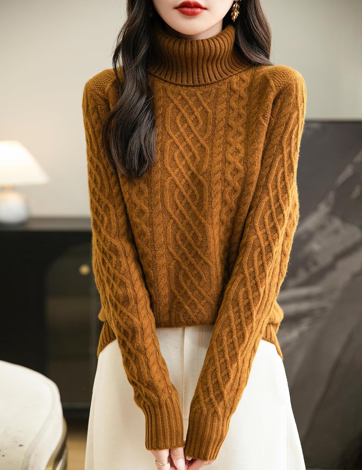 Chanyarn Women's 100% Merino Wool Sweater 2025 Fall Winter Turtleneck Vintage Warm Soft Long Sleeve Cable Knit Sweater