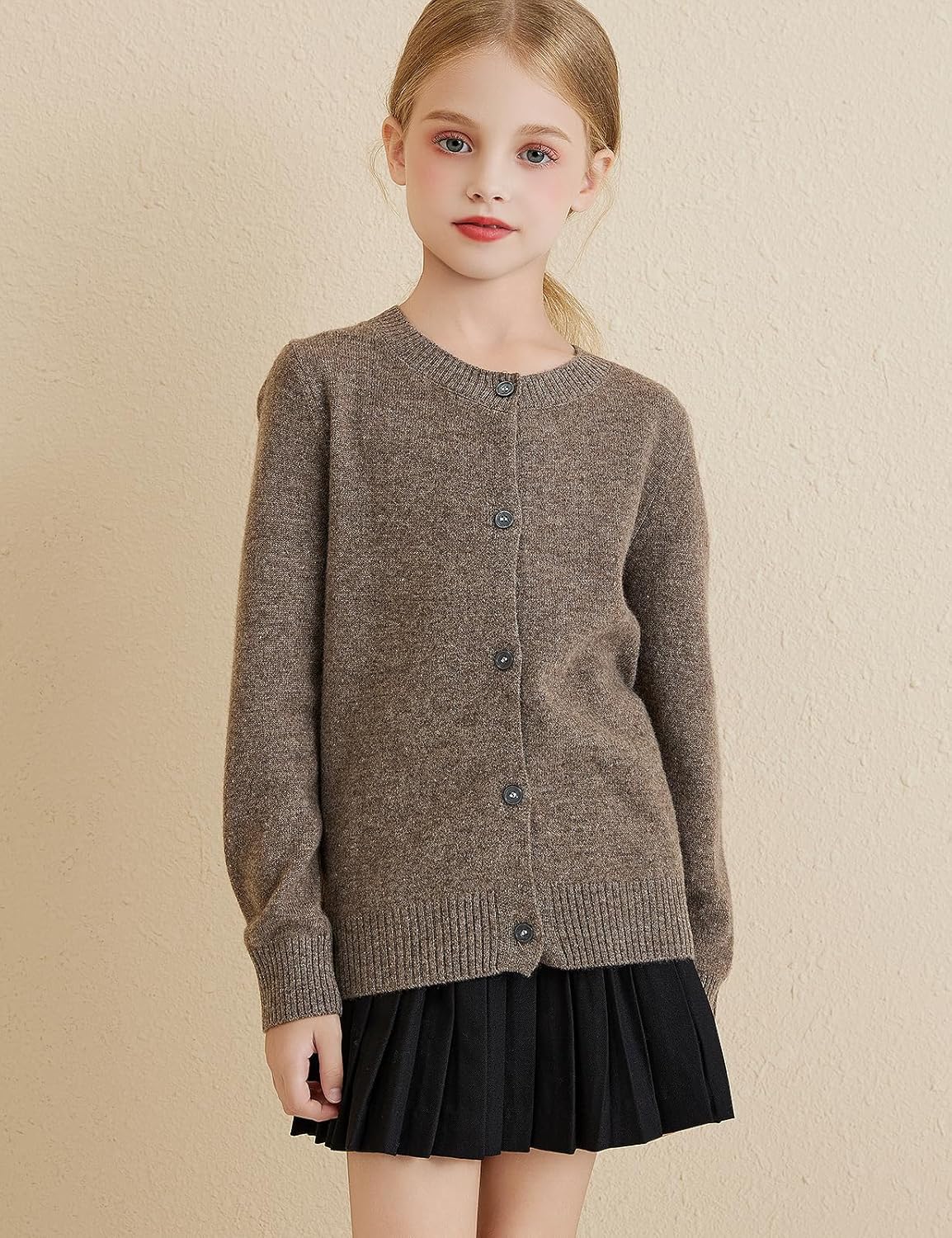 Girls 100% Merino Wool Crewneck Cardigan