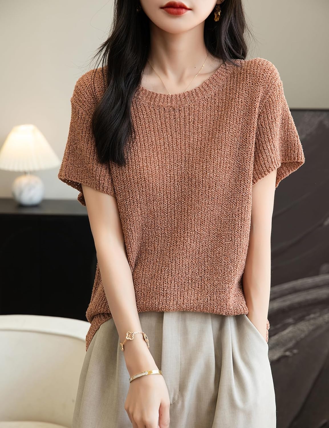Chanyarn Women's Casual Crewneck Batwing Short Sleeve Sweater 2025 Spring Summer Loose Knitted Pullover Sweater Tops