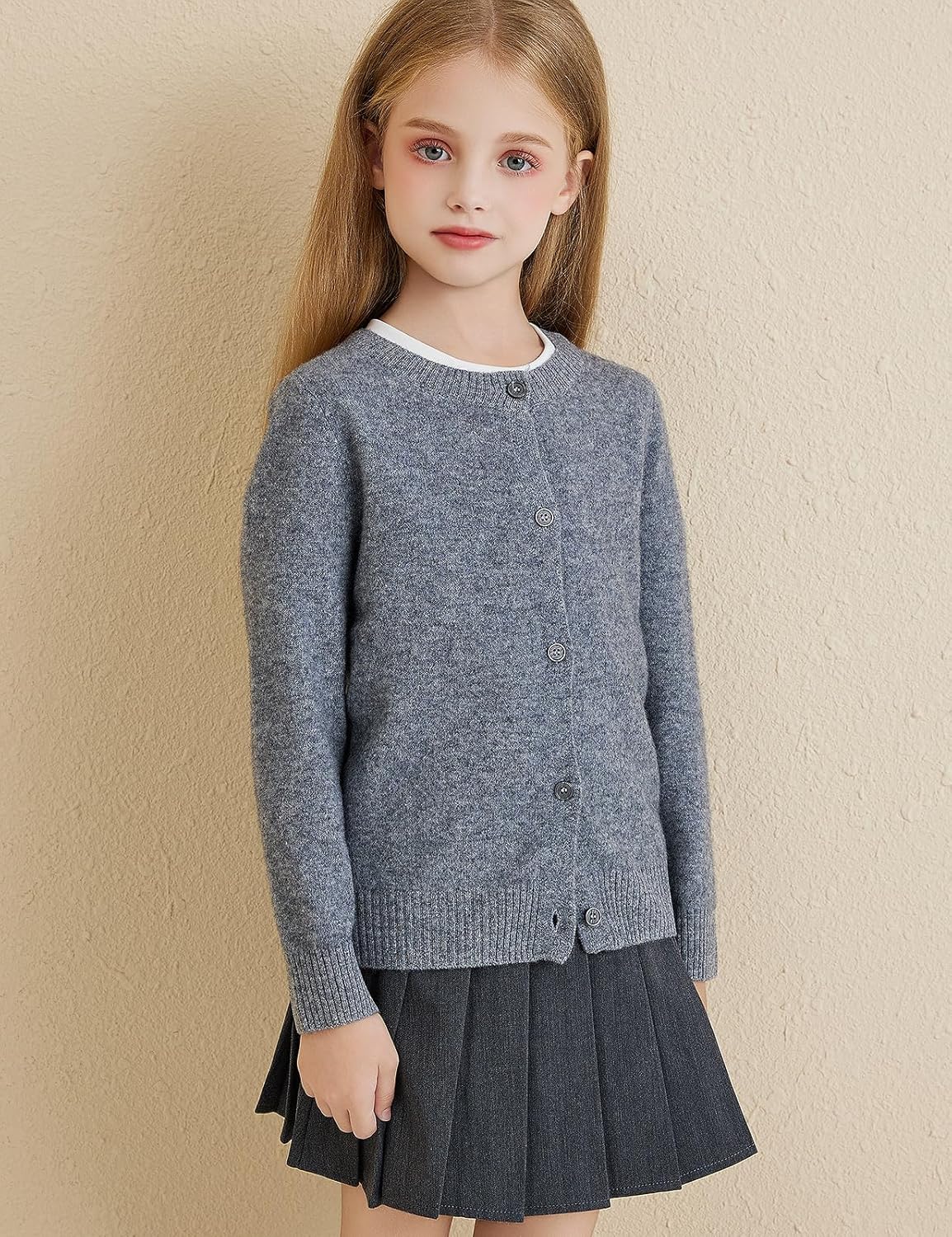 Girls 100% Merino Wool Crewneck Cardigan
