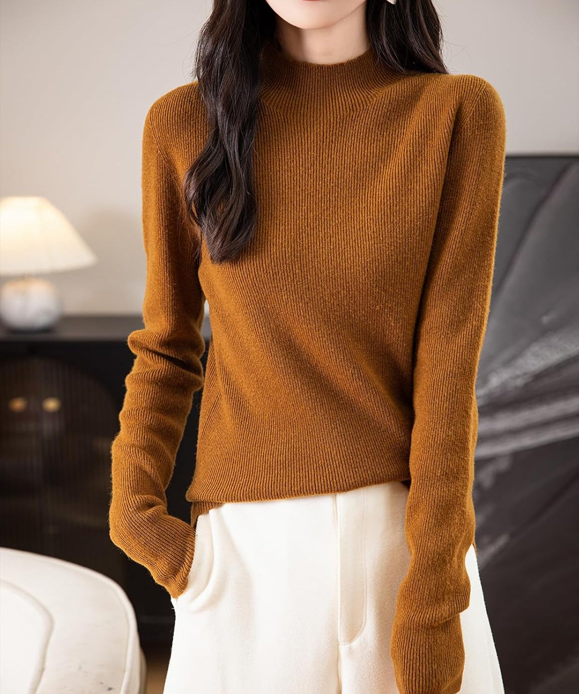 Women's 100% Merino Wool Seamless Ribbed Mock Neck Sweater
