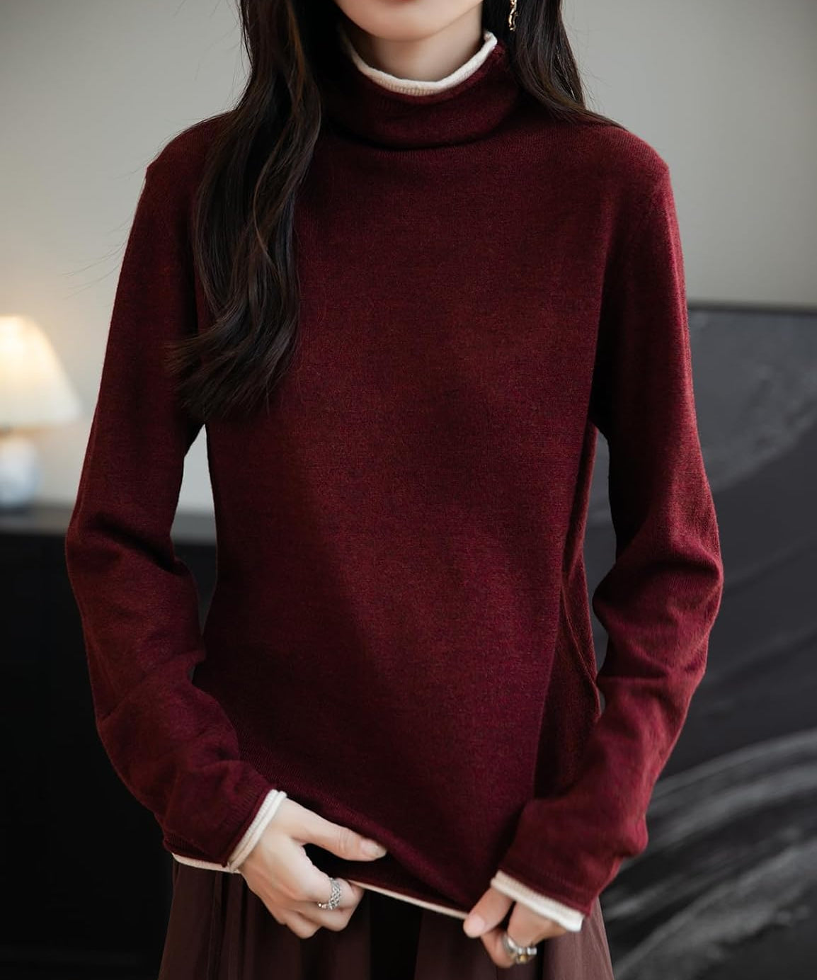 Merino Wool Blend Color Block Turtleneck Sweater