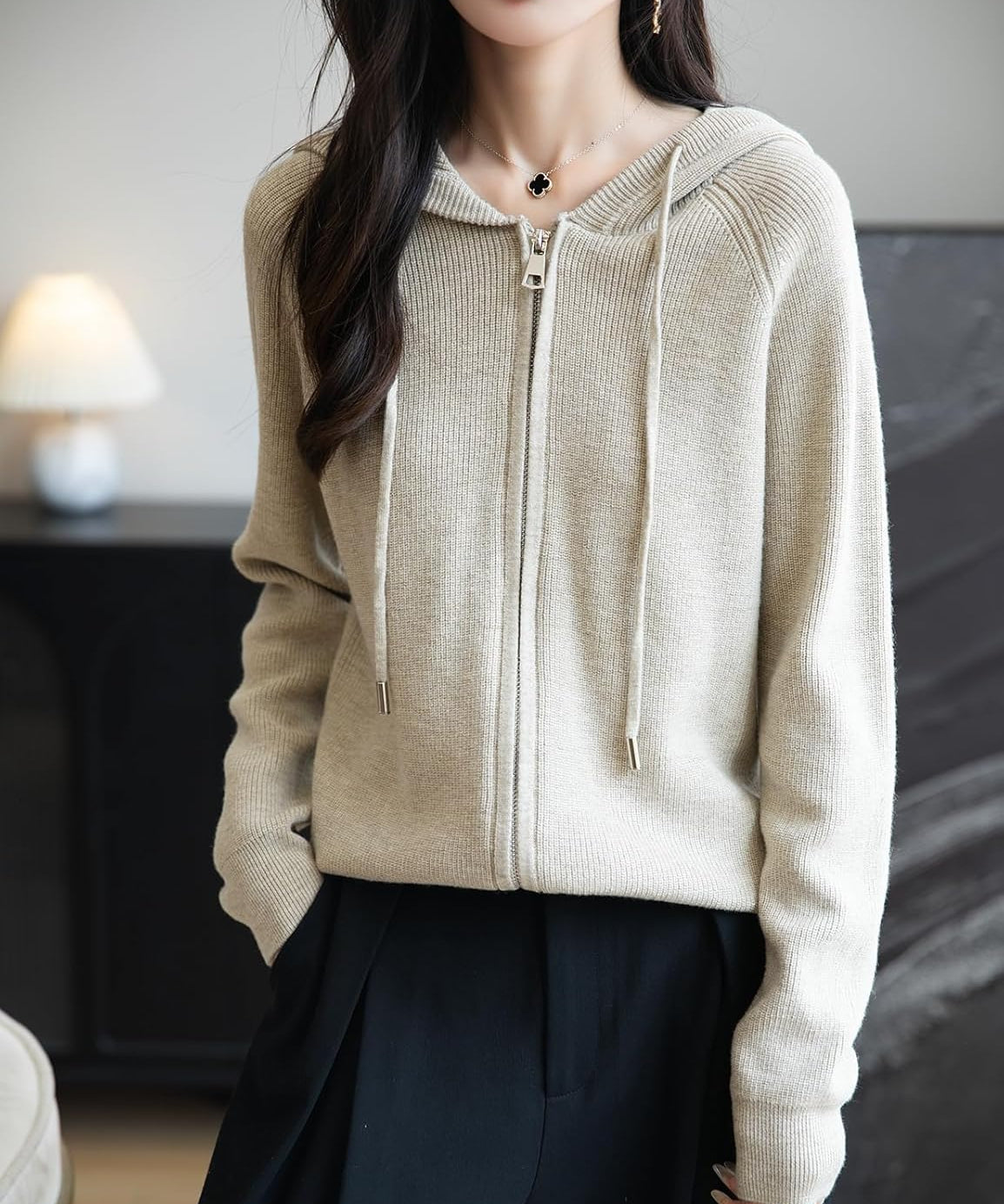 Merino Wool Blend Ribbed Zipper Hooded Cardigan