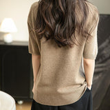 Women's V-Neck 100% Merino Wool Spring Fall Winter First-Line Ready to Wear Seamless Knit Shirt Short Sleeve Sweater
