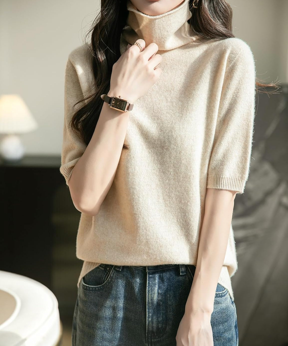 100% Merino Wool Turtleneck Short Sleeve Seamless Sweater