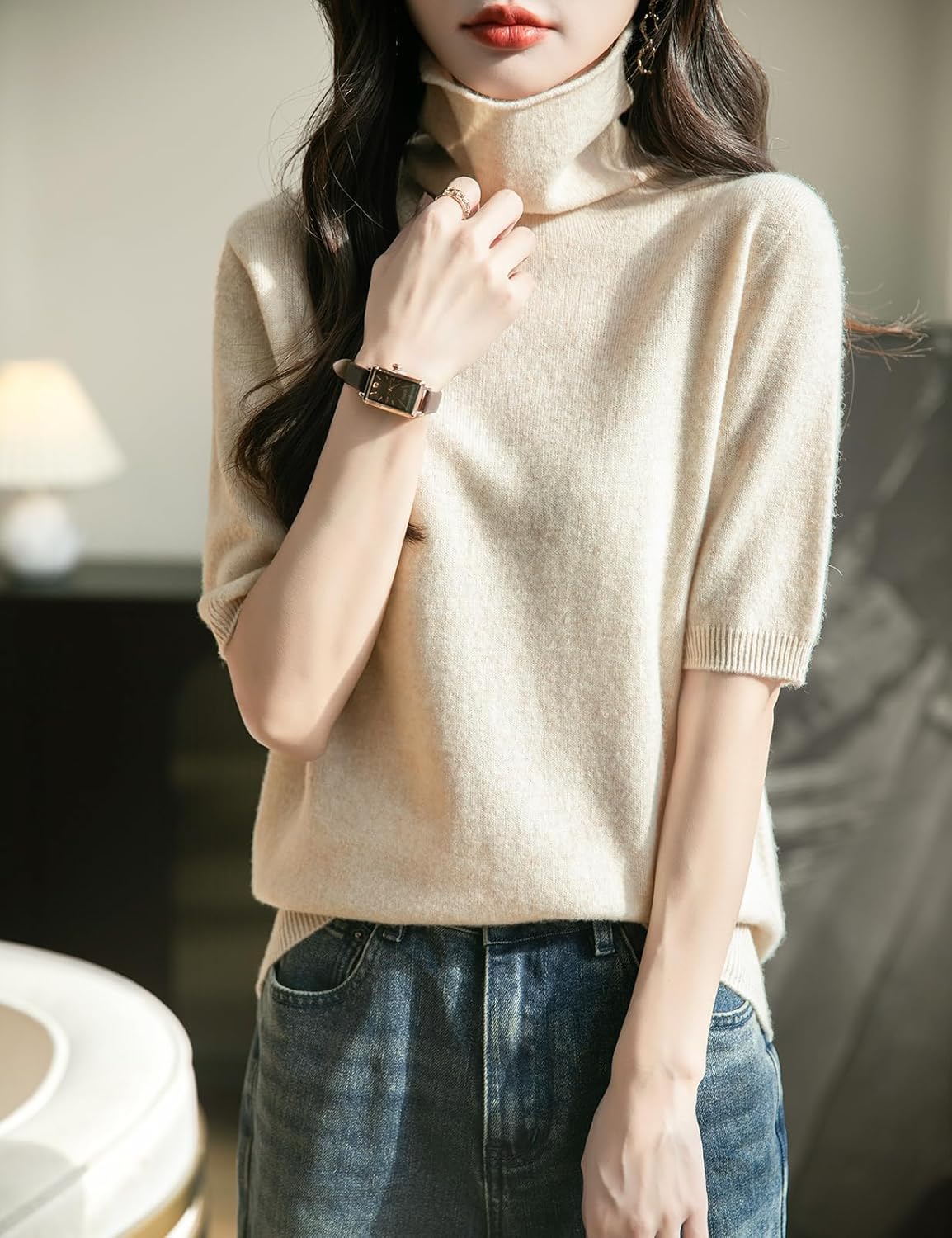 Women's Turtleneck 100% Merino Wool Spring Fall Winter First-Line Ready to Wear Seamless Knit Short Sleeve Sweater