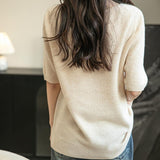 Women's V-Neck 100% Merino Wool Spring Fall Winter First-Line Ready to Wear Seamless Knit Shirt Short Sleeve Sweater