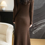 Women's Merino Wool Blend Sweater Dress 2025 Fall Winter V-Neck Long Sleeve Ribbed Cocktail Bodycon Knit Maxi Dress