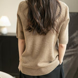 Women's 100% Merino Wool Spring Fall Winter First-Line Ready to Wear Seamless Knit Crewneck Short Sleeve Sweater
