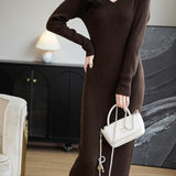 Merino Wool Blend V-Neck Ribbed Knit Long Sweater Dress