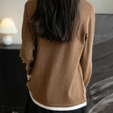 Women's Merino Wool Sweater 2025 Fall Winter Fake Two Piece Color Block Shirt Crewneck Long Sleeve Knit Pullover Top
