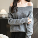 Séter de lana 100% merino de Chanyarn Women 2025 Otoño Invierno Invierno Tops de suéter de hombro Manio largo.