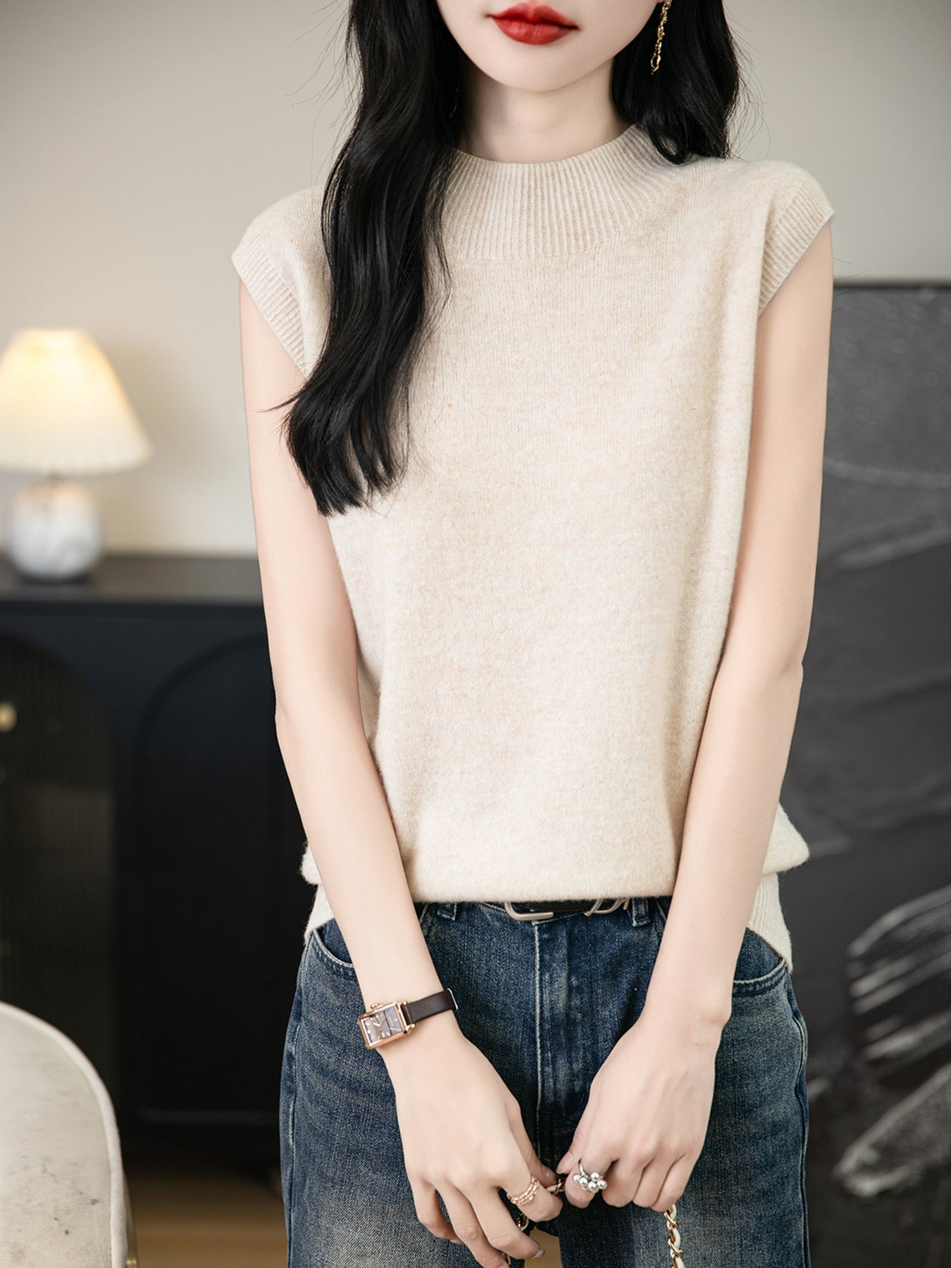 100% wełna merynosowa, dzianinowa kamizelka o luźnym kroju