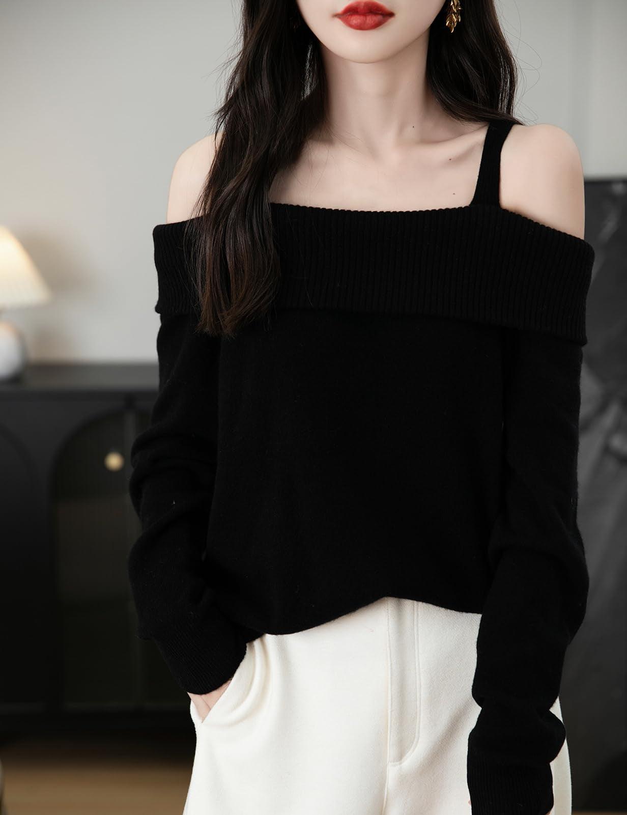 100% 메리노울 패션 오프숄더 스웨터