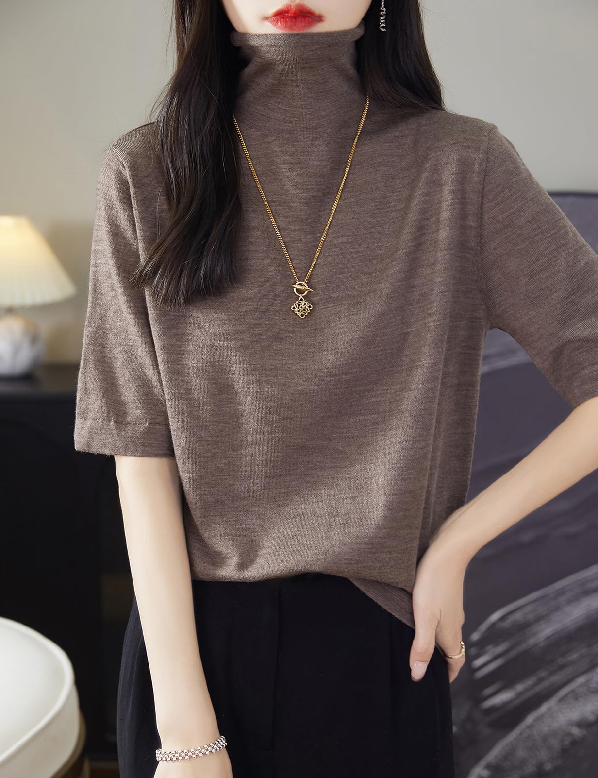 Pull t-shirt à col roulé 100 % laine mérinos