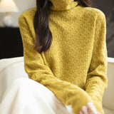 Chanyarn Women's 100% Merino Wool Sweater 2024 Fall Winter Turtleneck Solid Long Sleeve Hollow Out Knitted Sweater