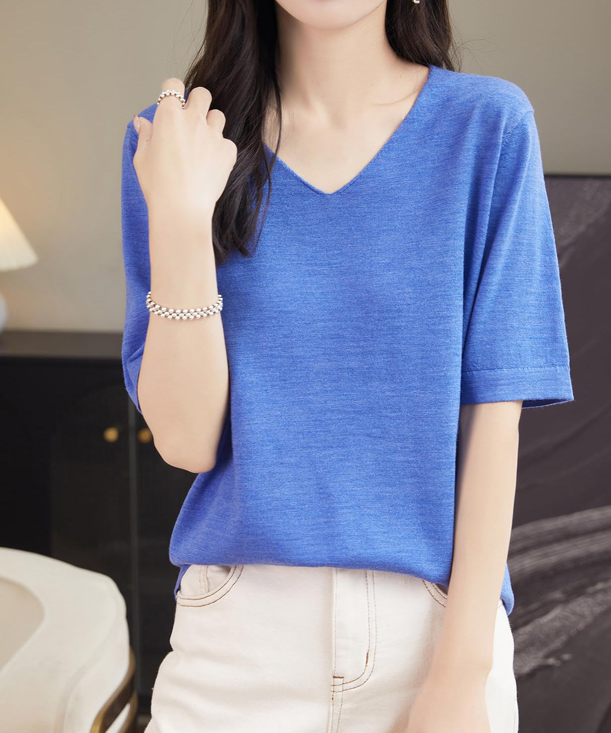 Chanyarn Women's 100% Merino Wool Base Layer Shirt V Neck Short Sleeve Travel Hiking Tee T Shirt Pullover Tops