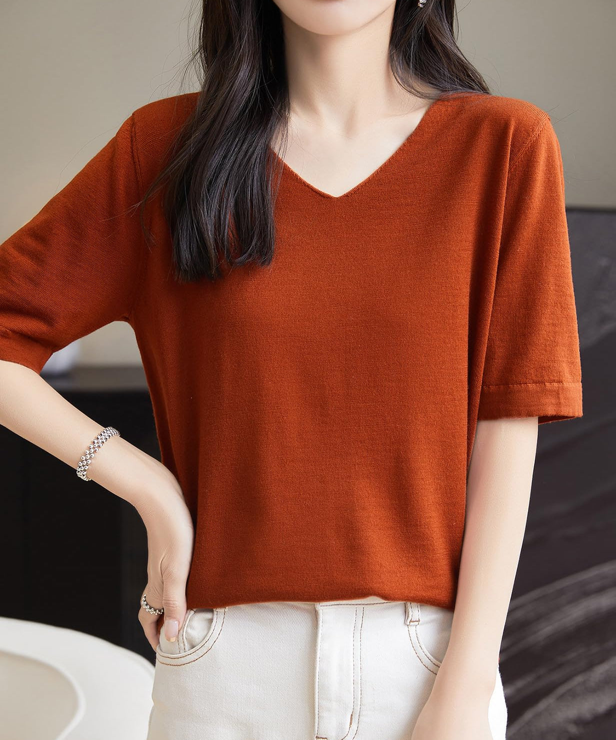 Chanyarn Women's 100% Merino Wool Base Layer Shirt V Neck Short Sleeve Travel Hiking Tee T Shirt Pullover Tops