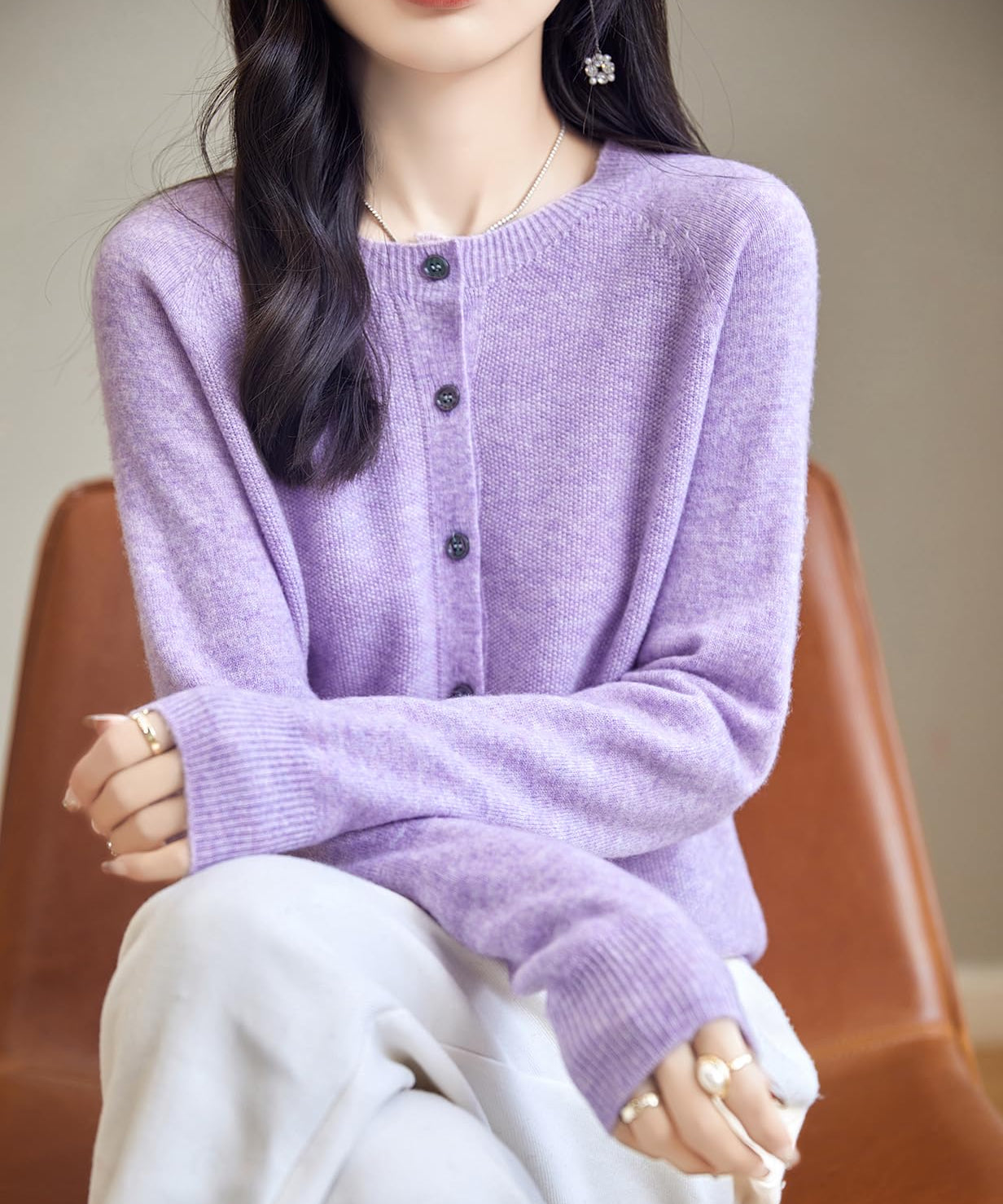 Chanyarn Women's Crewneck 100% Merino Wool Sweater 2025 Spring Fall Solid Long Sleeve Seamless Knitted Cardigan Sweater