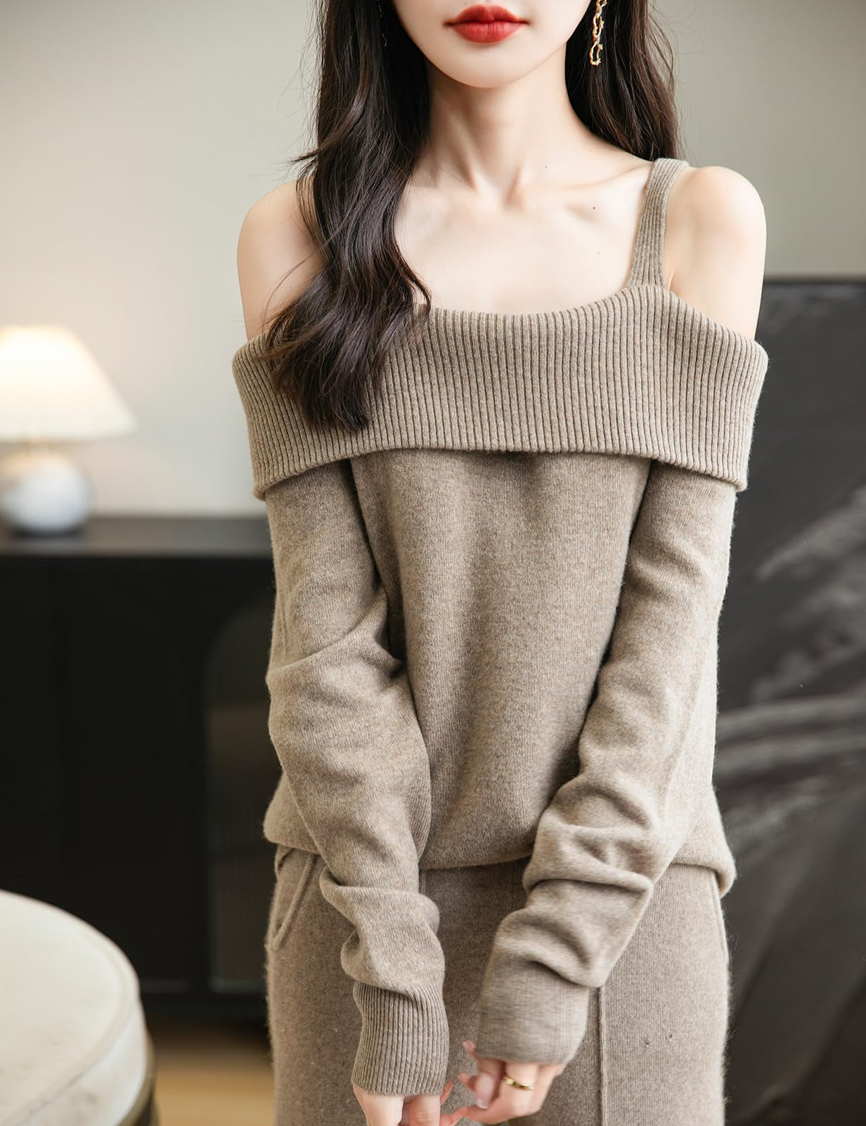 100% 메리노울 패션 오프숄더 스웨터
