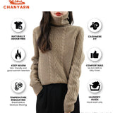 Chanyarn Women's 100% Merino Wool Turtleneck Sweater 2024 Fall Winter Long Sleeve Solid Cable Knitted Pullover Sweater