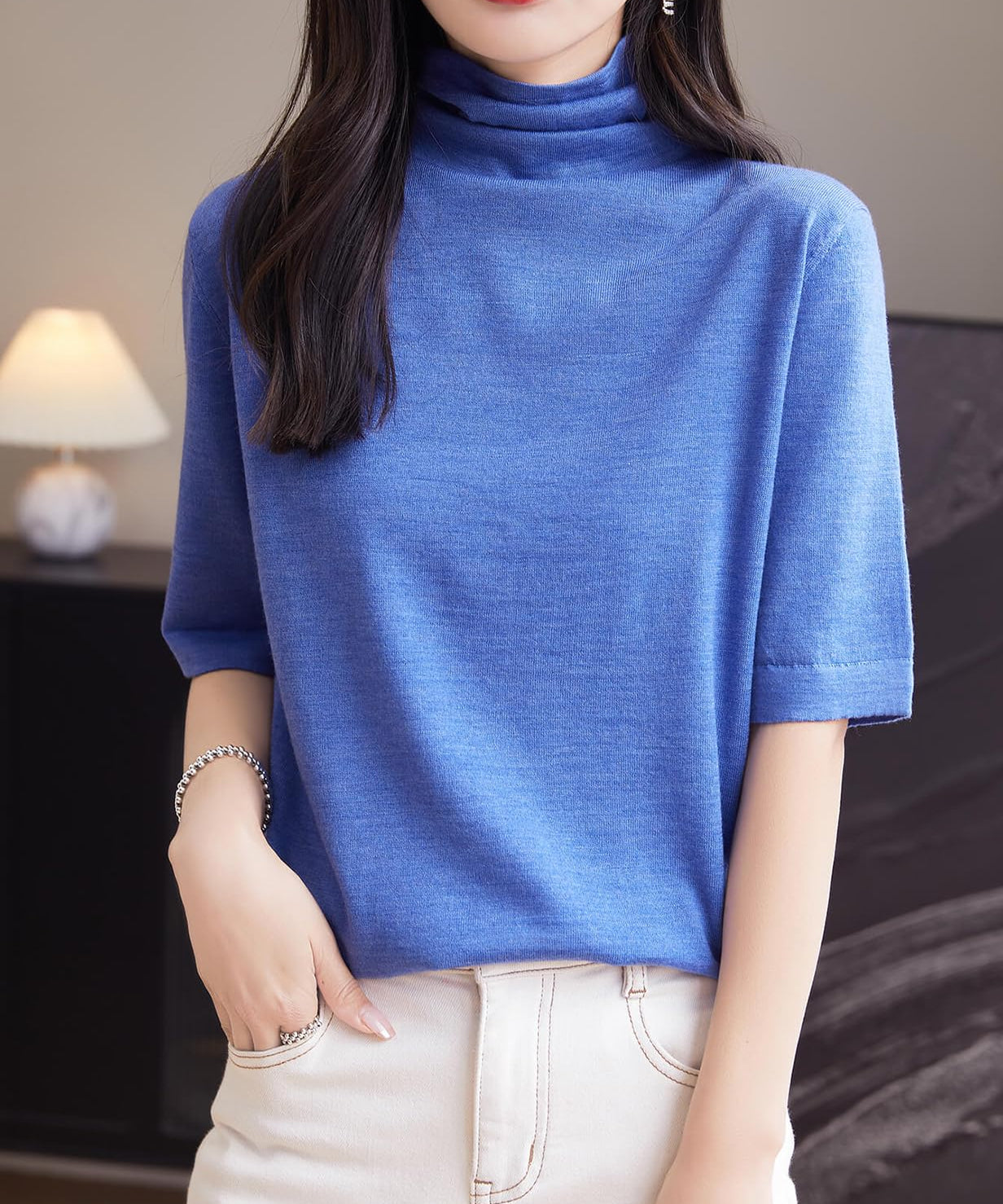Chanyarn Women's 100% Merino Wool Base Layer Shirt Tops Turtleneck Short Sleeve Sweater