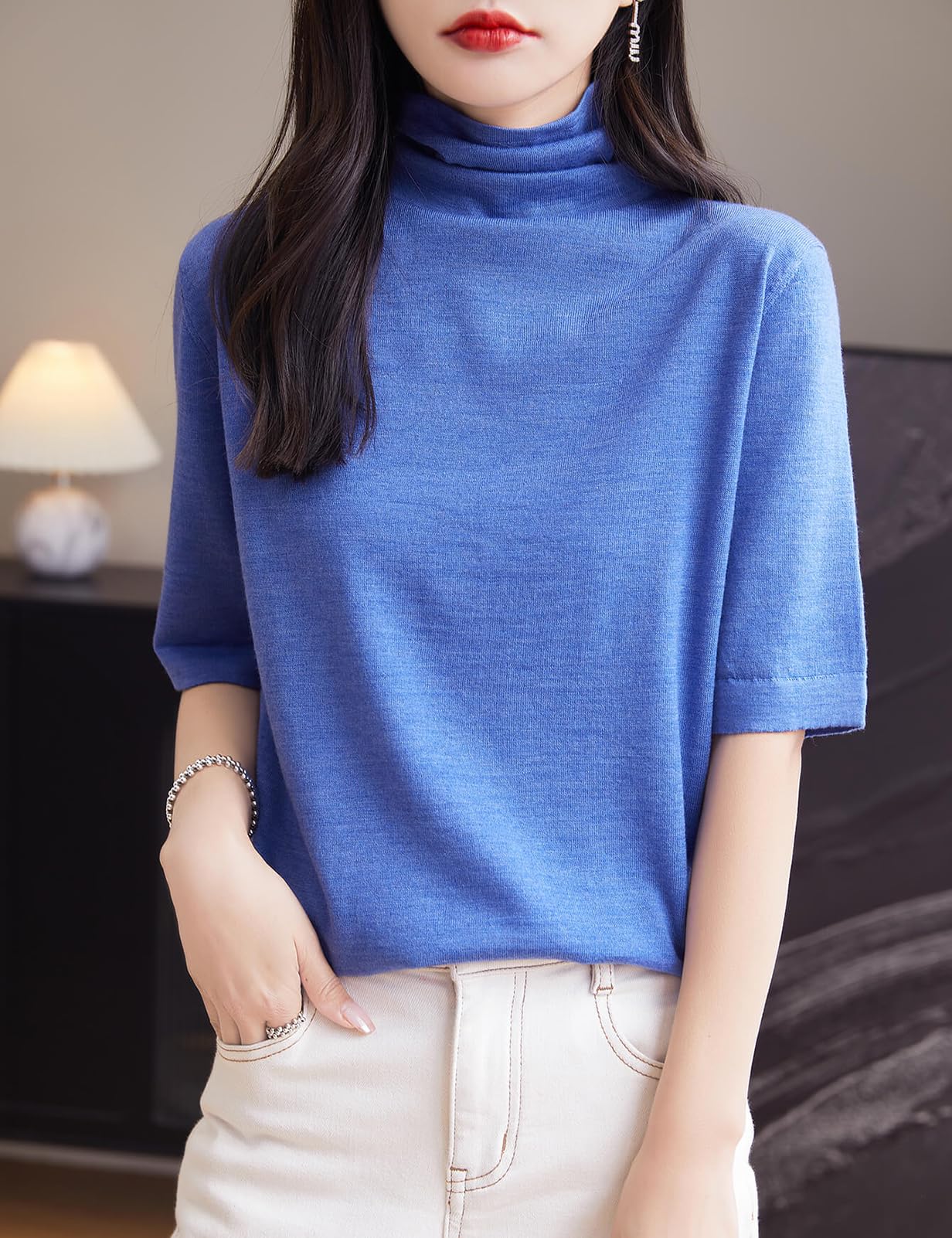 Pull t-shirt à col roulé 100 % laine mérinos