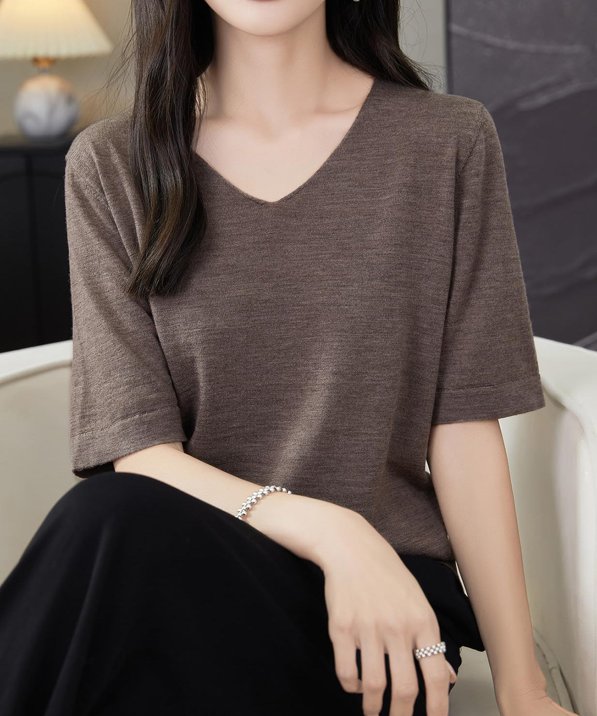 Chanyarn Women's 100% Merino Wool Base Layer Shirt V Neck Short Sleeve Travel Hiking Tee T Shirt Pullover Tops