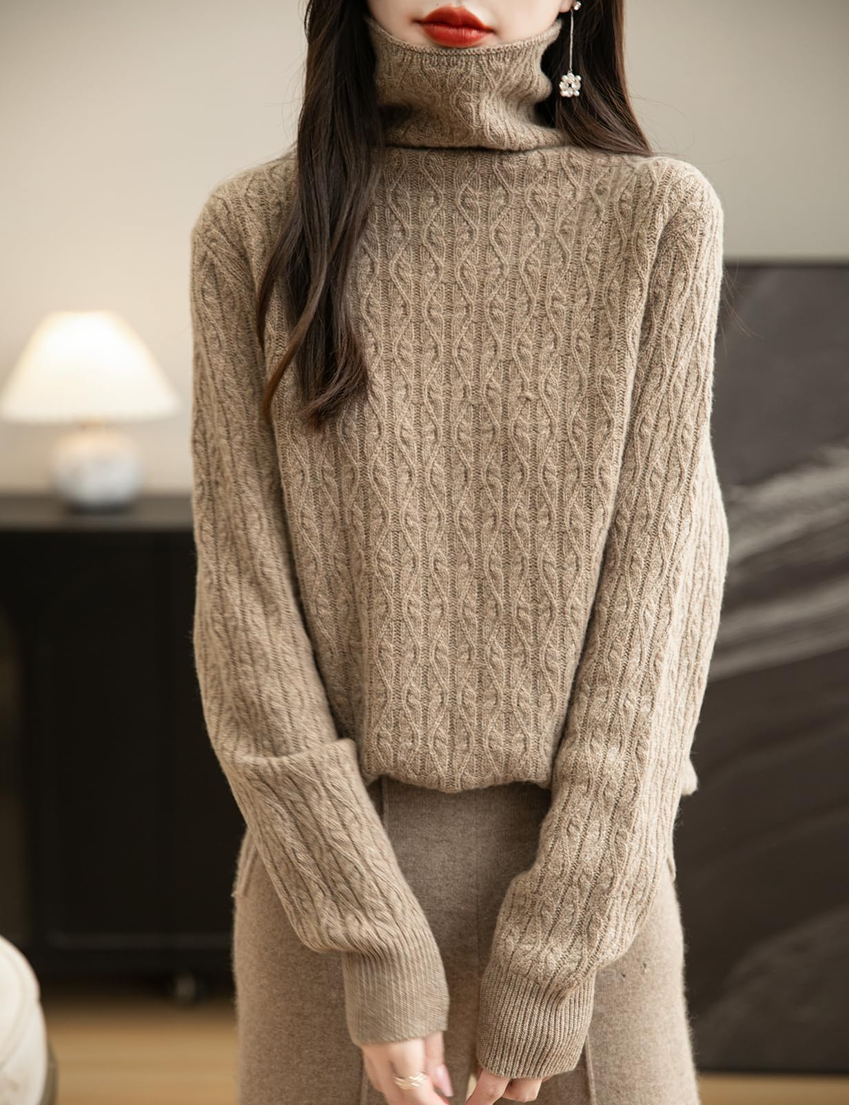 100% Merino Wool Turtleneck Cable Sweater