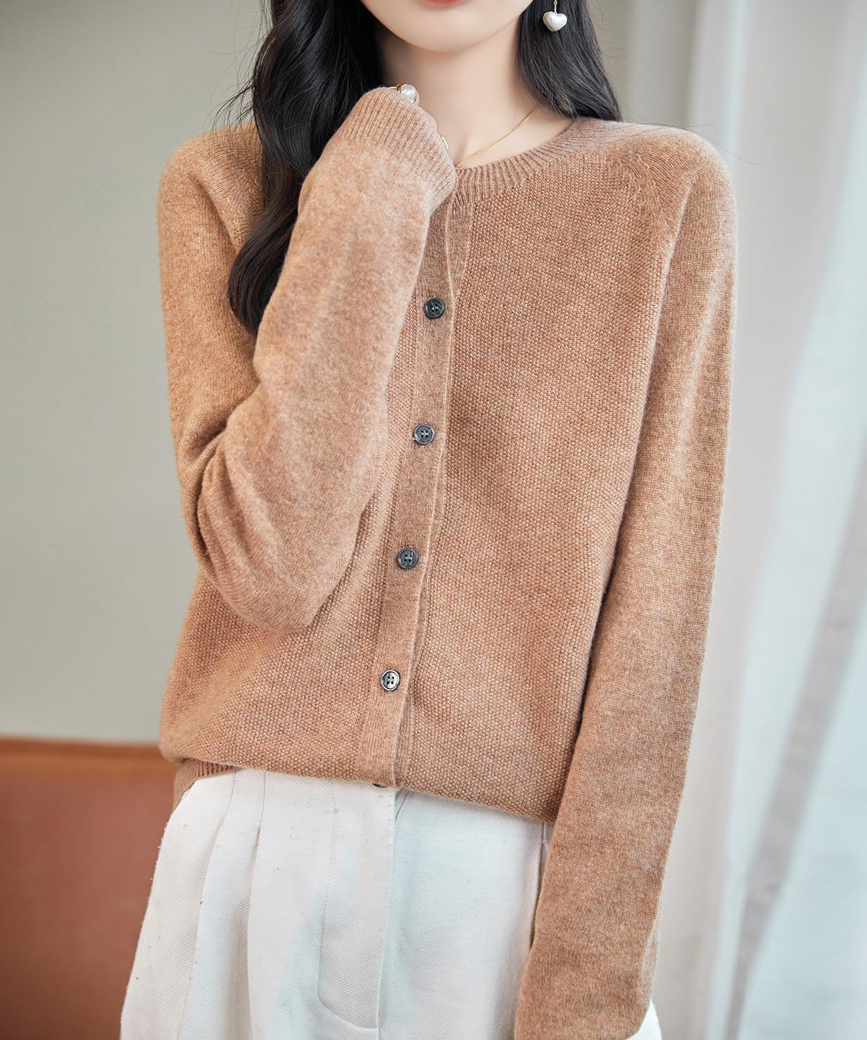 Chanyarn Women's Crewneck 100% Merino Wool Sweater 2025 Spring Fall Solid Long Sleeve Seamless Knitted Cardigan Sweater