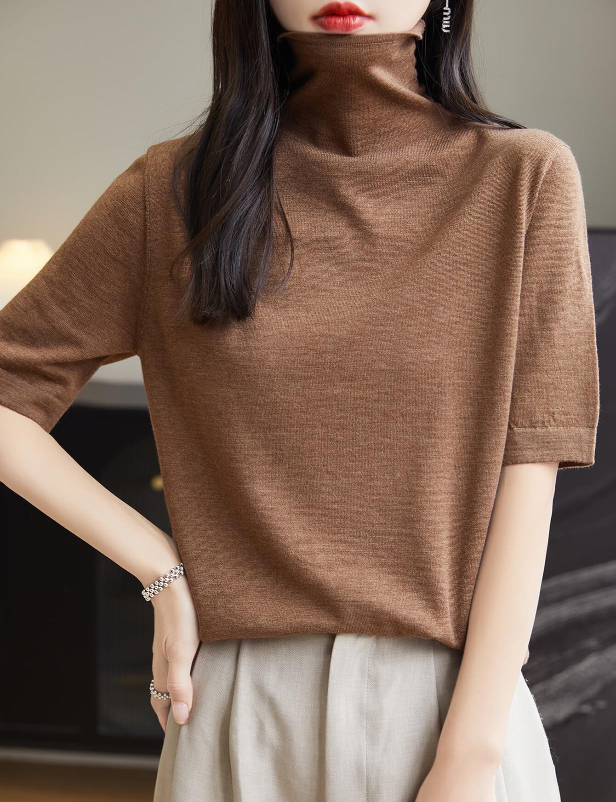 Pull t-shirt à col roulé 100 % laine mérinos