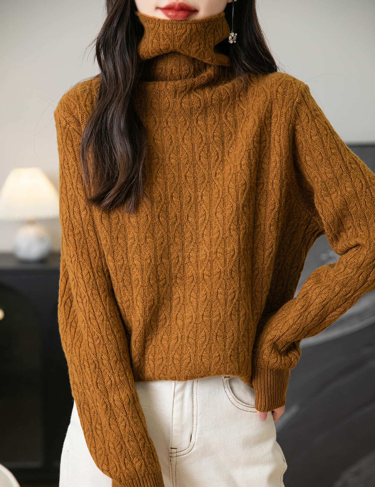 100% Merino Wool Turtleneck Cable Sweater