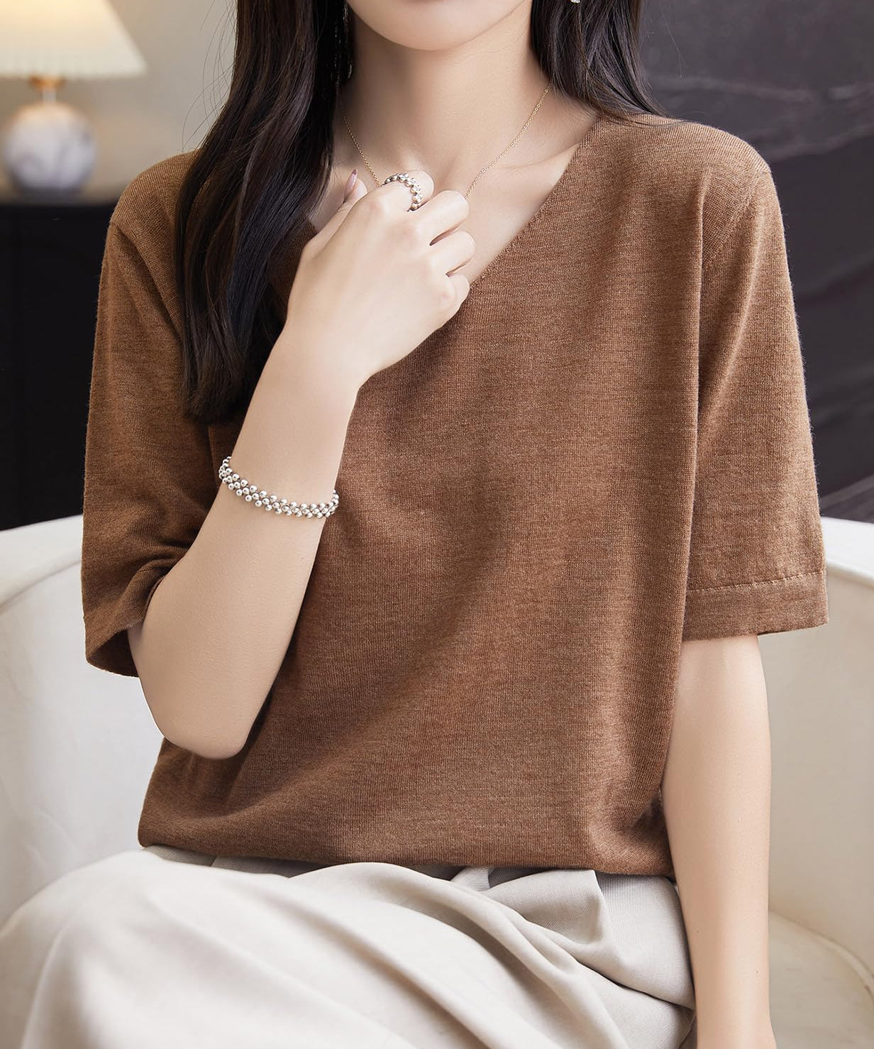 Chanyarn Women's 100% Merino Wool Base Layer Shirt V Neck Short Sleeve Travel Hiking Tee T Shirt Pullover Tops