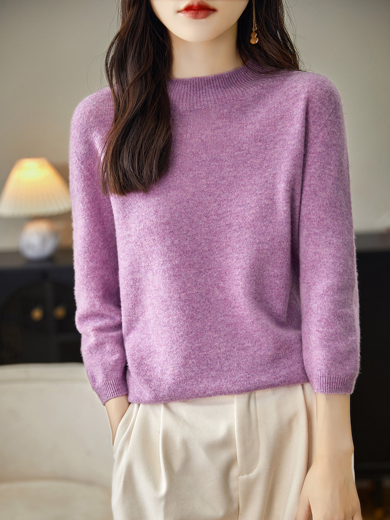 Pull à col montant et manches mi-longues 100 % laine mérinos