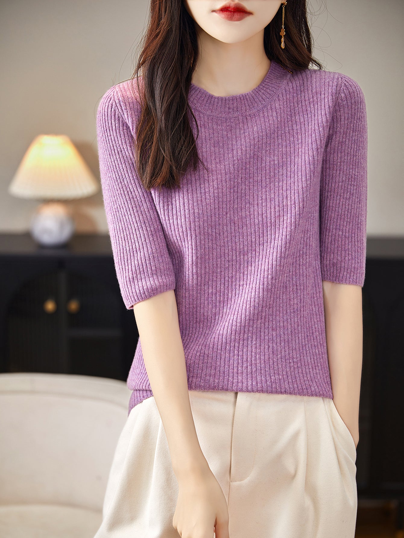 100% Merino Wool Crewneck Short Sleeve Sweater