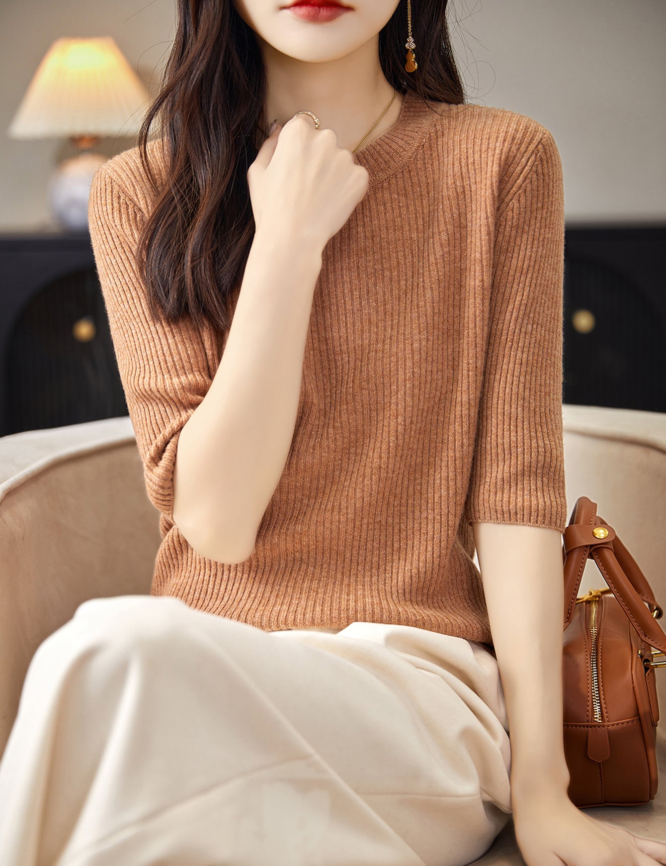 100% Merino Wool Crewneck Short Sleeve Sweater