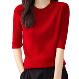 Suéter 100% lã Merino com gola redonda e manga curta