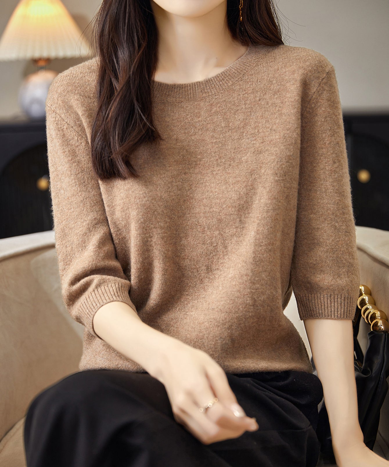 Chanyarn Women's 100% Merino Wool Sweater Crewneck Half Sleeve Tops Lightweight Spring Summer Sweater Knit Pullover