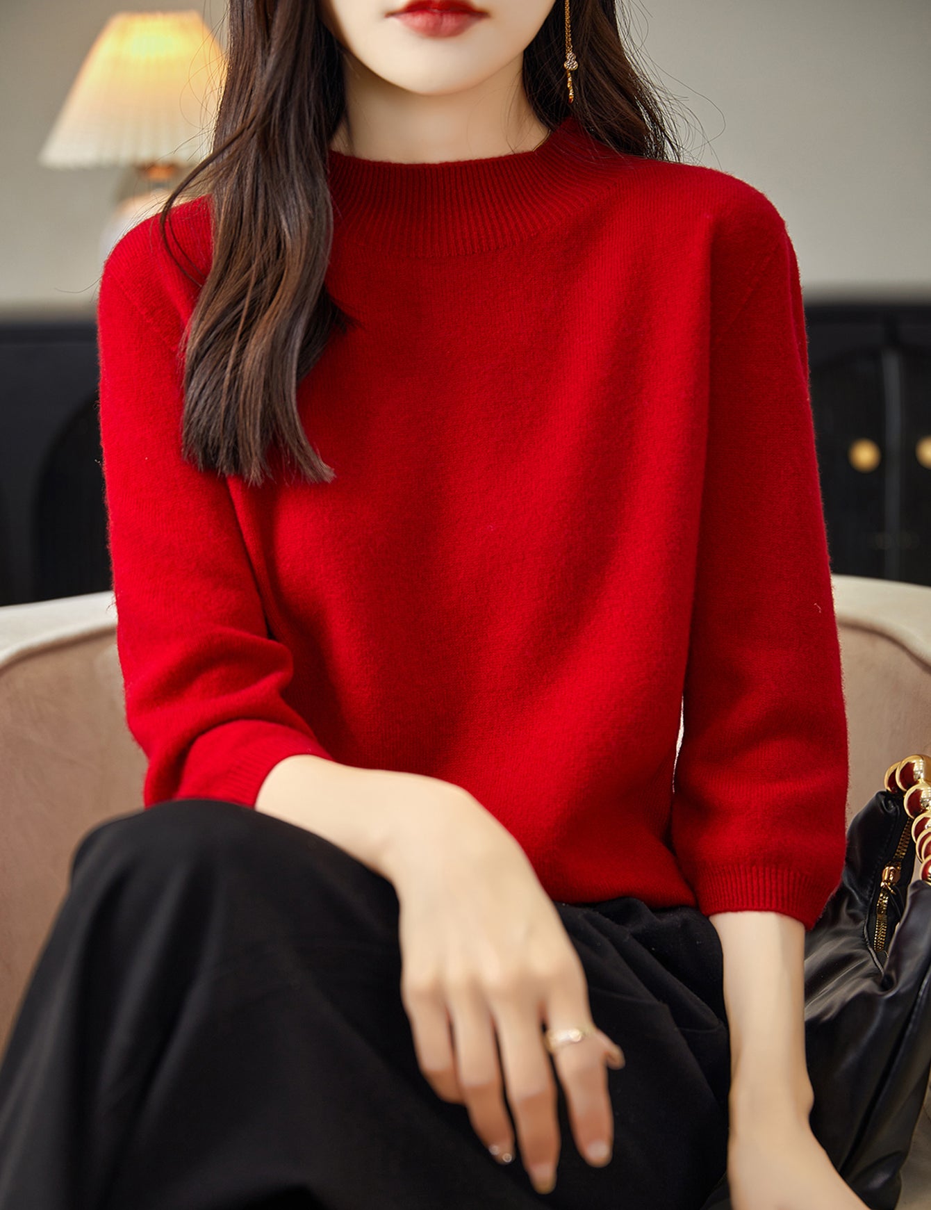 100% 메리노 울 목넥 하프 슬리브 스웨터