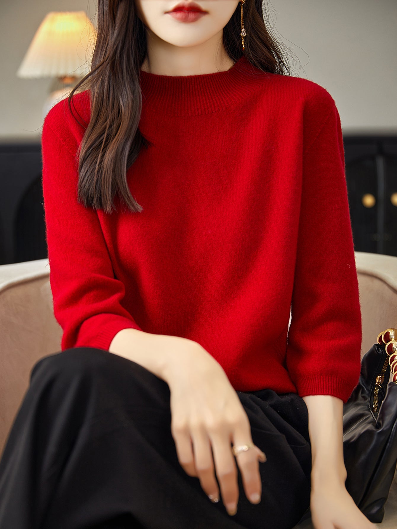 Pull à col montant et manches mi-longues 100 % laine mérinos