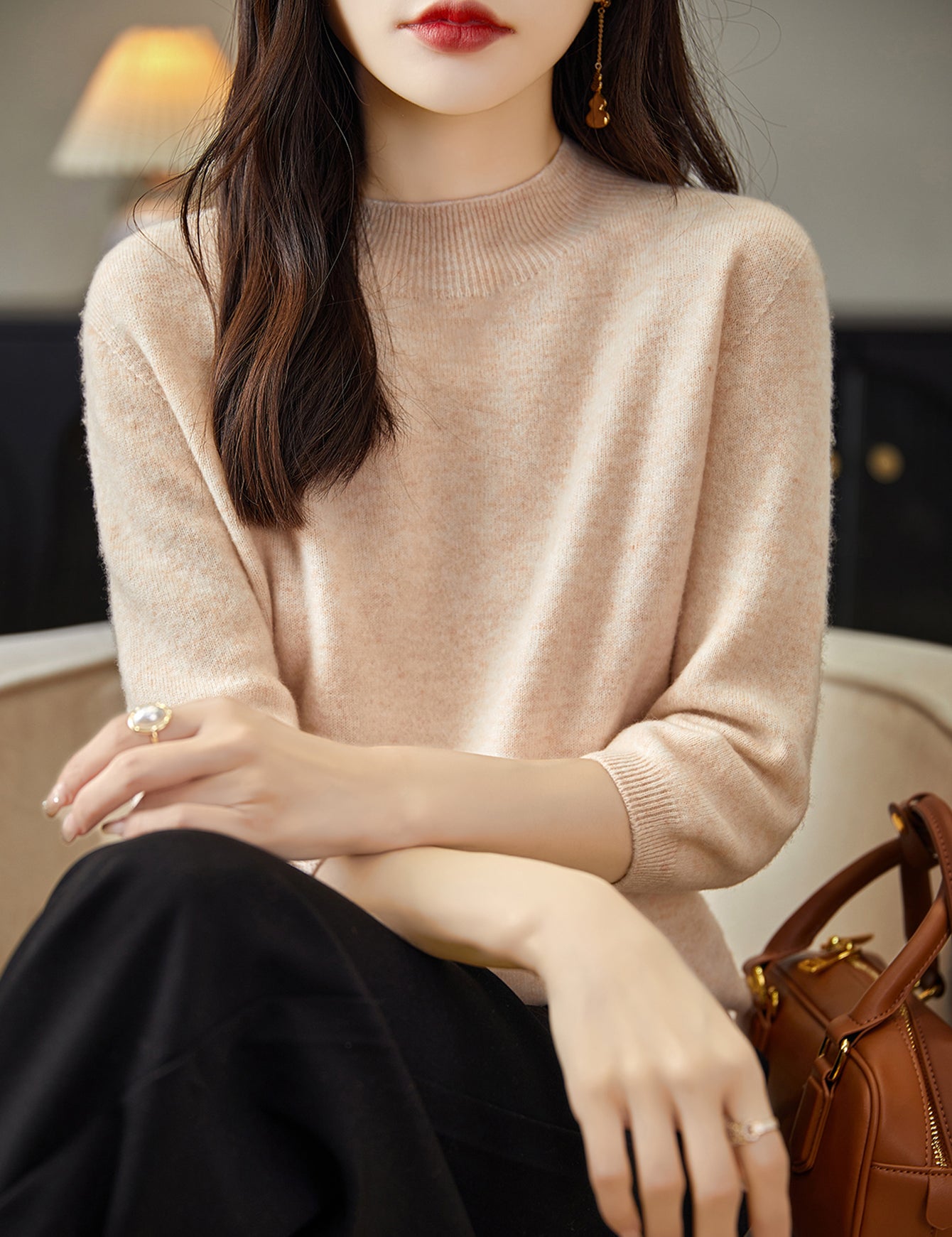 100% 메리노 울 목넥 하프 슬리브 스웨터