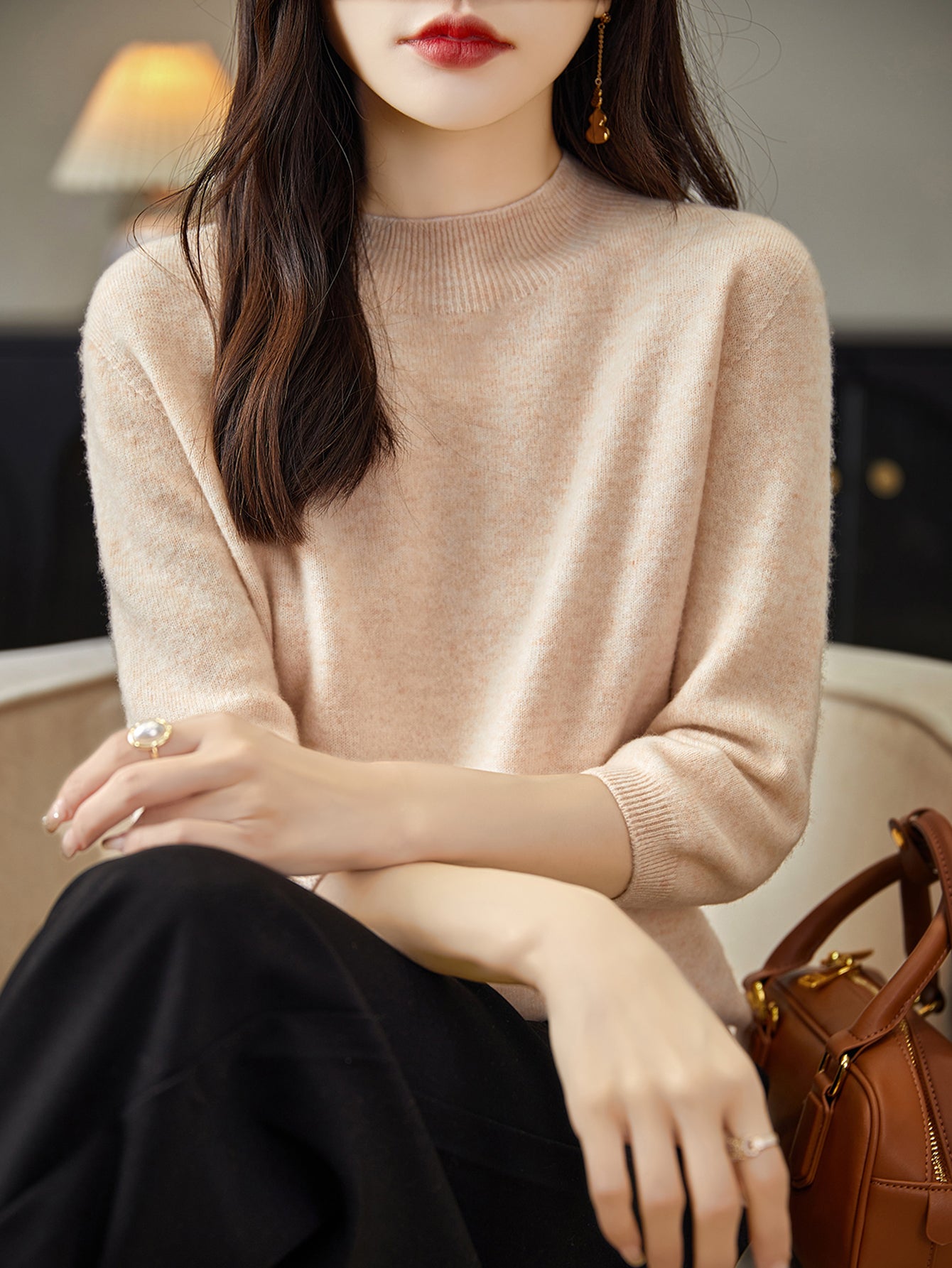 Pull à col montant et manches mi-longues 100 % laine mérinos