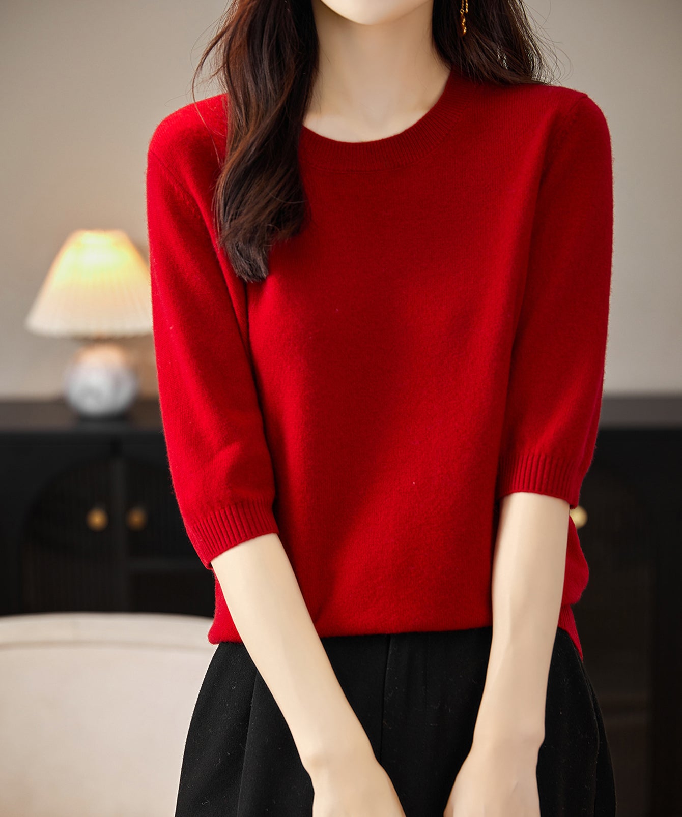 Chanyarn Women's 100% Merino Wool Sweater Crewneck Half Sleeve Tops Lightweight Spring Summer Sweater Knit Pullover