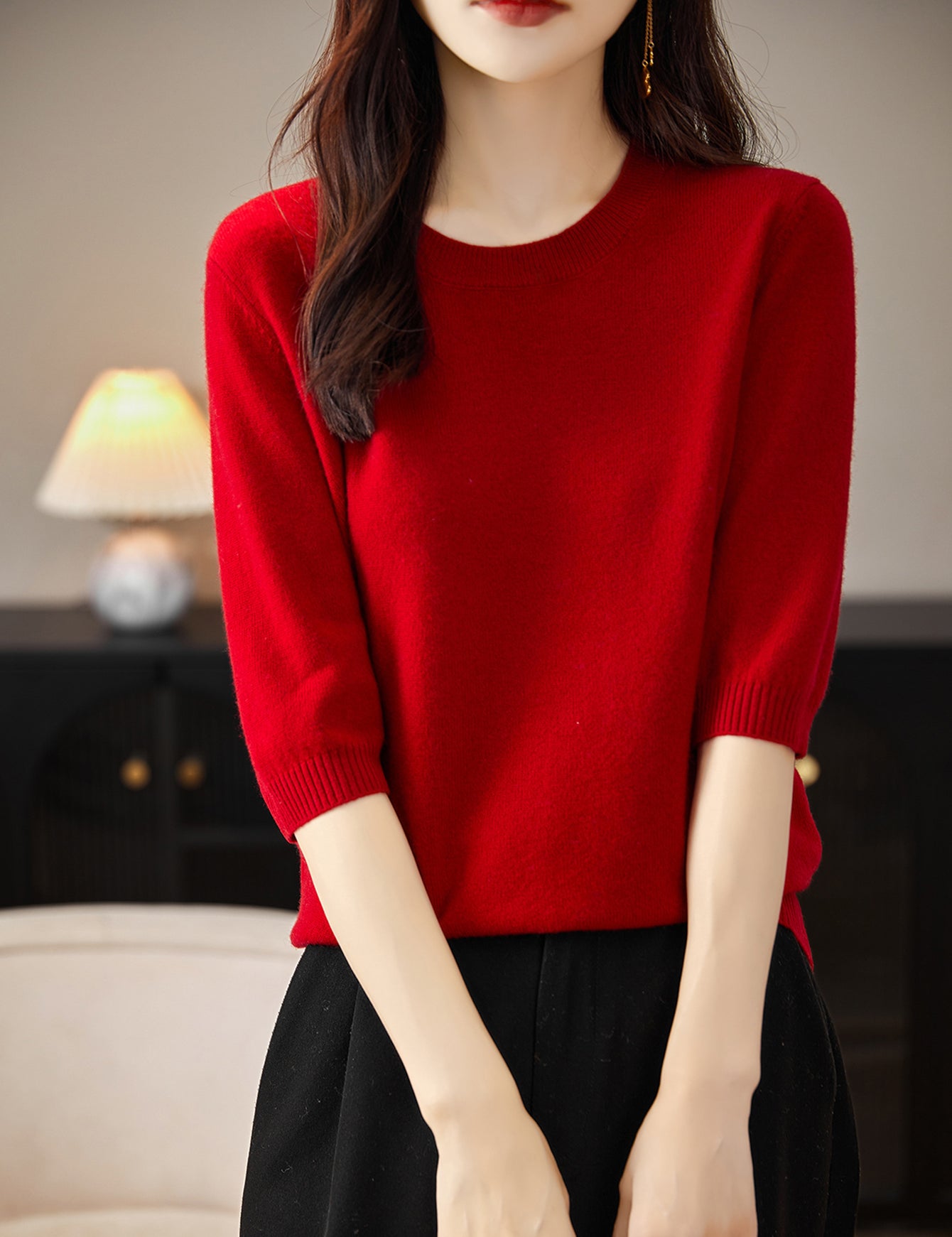 100% Merino Wool Crewneck Half Sleeve Sweater