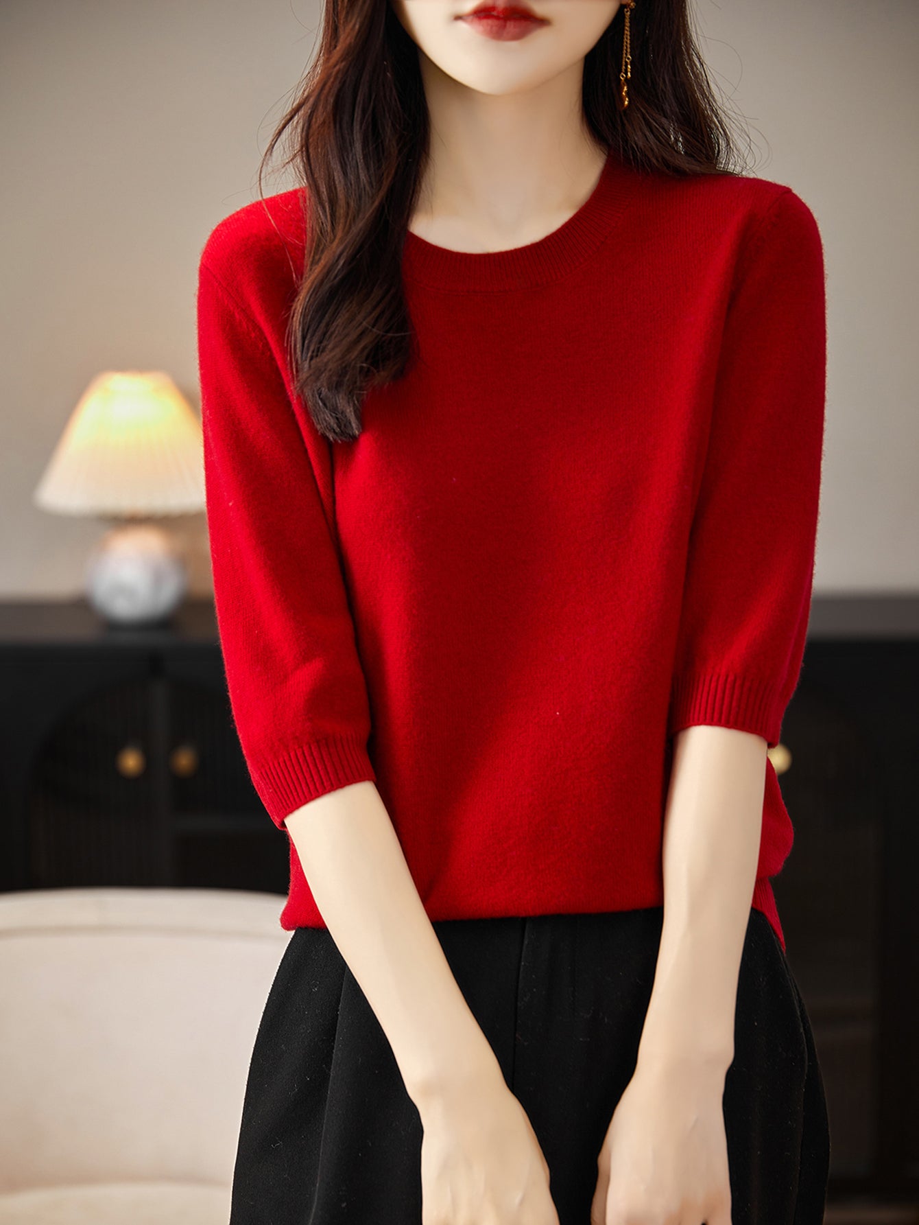 100% Merino Wool Crewneck Half Sleeve Sweater