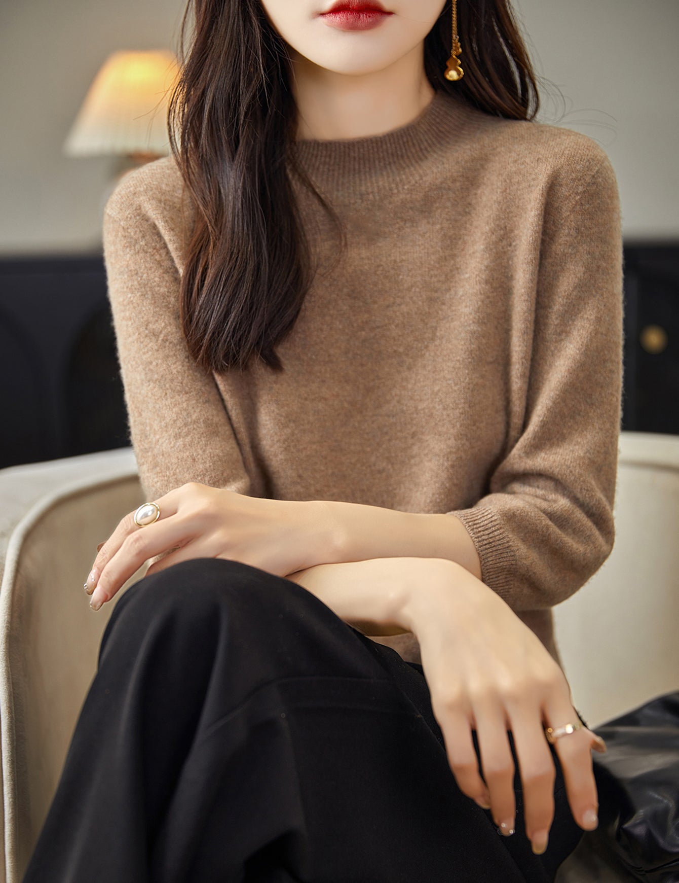 100% 메리노 울 목넥 하프 슬리브 스웨터